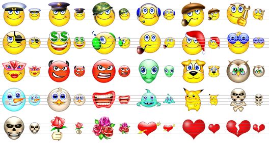 cute smile icons - captain, cop, military, operator, detective, repair, pirate, millionaire, listen music, smoking, new year, mad, mystique, devil, red evil, alien, dog, owl, snow man, bird, mouth, shark, pokemon, death, skull, rose, flowers, love heart, heart, broken heart icon