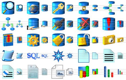 database icon set - search data, remote database, security, link, relations, flow block, database access, connect database, disconnect database, critical error, bookmark, settings, locked database, unlocked database, snapshot, script, sql, sql navigator, new, document, clear document, text file, graphic file, 3d bar chart, bar graph icon