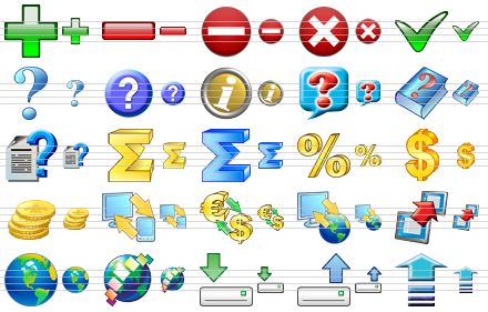 database icon set - add v2, remove, no entry, cancel, yes v3, question, support, info, hint, help, how to, sum, sum v2, percent, dollar, money, pc-pda synchronization, conversion of currency, pc-web synchronization, data transmission, earth, internet application, download, upload, update icon
