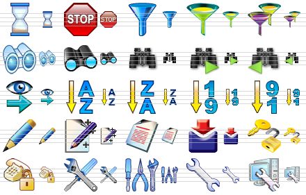 database icon set - hourglass, stop, filter, data filter, data filters, binoculars, search v2, search v4, search next, search previous, lookup, sorting a-z, sorting z-a, sorting 1-9, sorting 9-1, edit, object manager, event manager, form editor, registration, voice identification, options, tools, wrench, repair icon