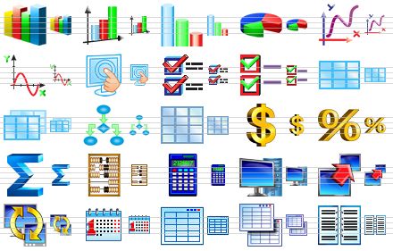database software icons - 3d graph, graph, bar graph, pie chart, chart, chart xy, access, check boxes, check options, datasheet, datasheets, flow block, table, dollar, percent, sum, book-keeping, calculator, computer, data transmission, server synchronization, calendar, form, forms, blanks icon