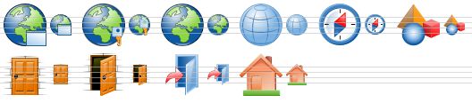 database toolbar icons - internet application, internet access, earth, globe, navigator, objects, close door, open door, exit, home icon
