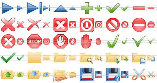 database toolbar icons - next, last, edit, add, post, remove, delete, erase, close, turn off, no, no entry, cancel, stop, abort, terminate, apply, yes, tick, closed folder, folder, find in folder, open file, documents, upload, download, shared folder, save file, save as, cut icon