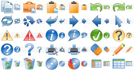 database toolbar icons - copy, paste, paste from clipboard, clipboard, undo, redo, refresh, update, back, go forward, go back, pointer, warning, error, info, about, ok, query, support, question, print preview, printer, clear, modify, empty dustbin, full dustbin, cd, burn cd, grid, table icon
