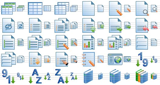 database toolbar icons - tables, datasheet, datasheets, new document, edit document, preview document, refresh document, list, lists, scroll list, export text, import text, form, forms, order form, report, reports, blank, blanks, price list, properties, notes, web site, sorting 9-1, sorting 1-9, sorting a-z, sorting z-a, book, books, library icon