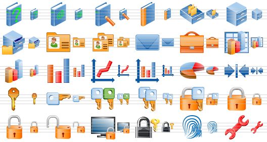 database toolbar icons - help, address book, book of record, case history, card file, card index, open card index, card, cards, mail, brief case, 3d bar chart, 3d bar graph, bar graph, chart, graph, pie chart, constraints, key, access key, keys, key copy, secrecy, lock, unlock, open lock, local security policy, registration, finger-print, repair icon
