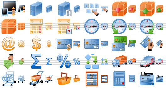 database toolbar icons - pc-pda synchronization, server, data server, login, pack, unpack, archive, calendar, week, clock, history, schedule, e-mail, dollar, money, credit card, credit cards, payment, pay, sum, percent, flow block, delivery, ambulance car, hand cart, shopping cart, product basket, book-keeping, calculator, cash register icon
