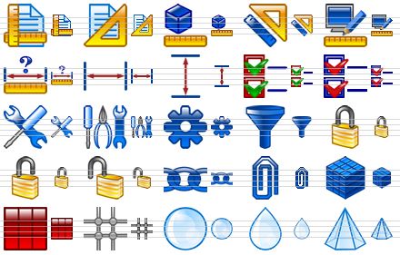 design icon set - page rulers, set square and page, units, measures, screen settings, size, width, height, check options, check boxes, settings, tools, pinion, filter, lock, unlock, open lock, link, attachment, blue cube, red grid, grid, sphere, smooth, sharpness icon