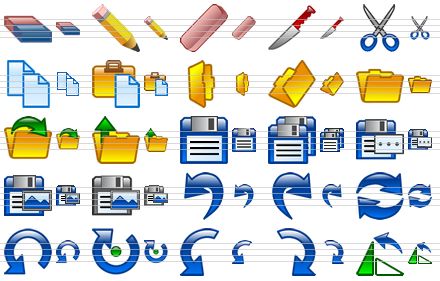 design icon set - eraser, pencil-eraser, india-rubber, knife, cut, copy, paste, folder, open folder, open, open file, up level, save, save all, save as, save image, save picture, undo, redo, refresh, revert, rotation, rotate ccw, rotate cw, rotate left icon
