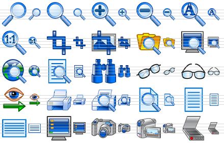 design icon set - find, zoom, zoom in, zoom out, auto zoom, actual size, scale, image scale, find in folder, find on computer, find on the internet, search text, binoculars, spectacles, select view, lookup, print, print preview, preview, portrait, landscape, desktop, camera, camcorder, scanner icon