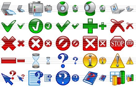 design icon set - scan, fax, web camera, webcam, visual communication, apply, ok, yes, add, erase, delete, cancel, no, close, stop, remove, hourglass, question, info, warning, about, how to, support, help book, 3d bar chart icon