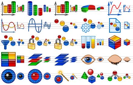 design icon set - 3d graph, bar graph, graph, pie chart, chart, graphs, sinusoid, color, color balance, color profile, color filter, unlock color, lock color, color test, color space, colors, color layers, layers, view, hide, eye, red eye, red eye removing, objects, structure icon