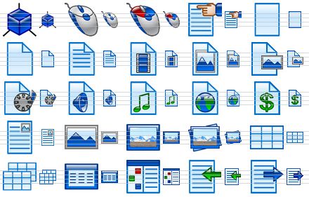 design icon set - isometry, mouse, color mouse, properties, leaf, new document, document, video file, image document, picture file, multimedia file, sound document, midi document, web page, price list, text and image, image, picture, pictures, table, tables, form, paper work, import text, export text icon