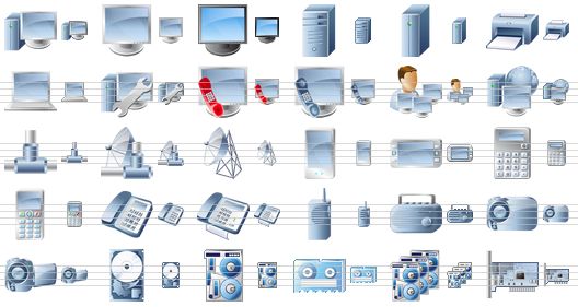 desktop device icons - computer, display, lcd monitor, computer frame, server, printer, notebook, repair computer, phone support, monitor and phone, admin, internet, network connection, satellite connection, radio transmitter, pda, gps navigator, calculator, mobile phone, telephone, fax, portable radio transmitter, radio set, camera, camcoder, hard drive, cassette, cartridge, tape library, network card icon