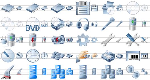 desktop device icons - microprocessor, chip, fw switch, floppy, install, cd disk, disks, dvd, music kit, headphones, microphone, battery, electric power, power, generator, pinion, repair, settings, application, clock, keyboard, login, cash register, barcode, barcode scanner, hypervisor host, hypervisor hosts, virtual machine, virtual machines, pools icon
