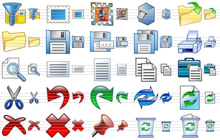e-mail icon set - spam-filter, postage stamp, stamp, mail box, open file, open, save file, save as, save all, print, preview, landscape, portrait, copy, paste, cut, undo, redo, refresh, refresh document, erase, delete v2, pin, empty trash can, full trash can icon