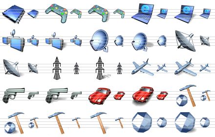 financial icon library for vista - electronic industry sh, video games, video games sh, internet company, internet company sh, cable tv, cable tv sh, satellite radio company, satellite radio company sh, telecommunications, telecommunications sh, electricity supply network, electricity supply network sh, airline, airline sh, military-industrial establishment, military-industrial establishment sh, car factory, car factory sh, diamond mining, diamond mining sh, hammer, hammer sh, diamond, diamond sh icon
