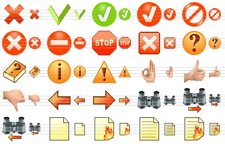 fire toolbar icons - delete, yes, ok, red ok, no, cancel, no entry, stop, close, about, help, info, warning, okay, good mark, bad mark, back, forward, find, find next, find previous, new file, hot file, text file, destruction of documents icon