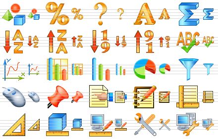 fire toolbar icons - objects, percent, question, text, sum, sorting a-z, sorting z-a, sorting 1-9, sorting 9-1, spell checking, chart, 3d bar chart, bar graph, pie chart, filter, mouse, red pin, properties, notes, rulers, set square, measure, screen settings, options, repair computer icon