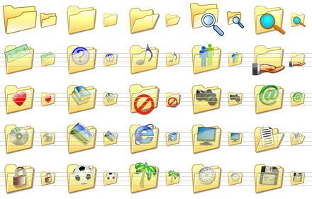 folder icon set - open, folder, open folder, find in folder, search, money, faq, music, users, shared folder, favourites, books, no entry, photos, mail, cd, images, internet, lcd, open files, locked, football, palm, clock, floppy icon