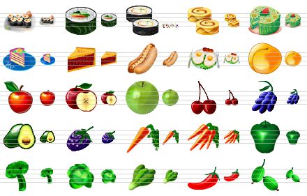 food icon library - rolls, salada maki, california roll, swiss roll, cake, piece of cake, cherry pie, hot dog, omelet, peach, apple, apples, green apple, cherry, grapes, avocado, blackberry, carrot, carrots, paprika, broccoli, cabbage, chinese spinach, chili, gooseberry icon