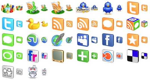 free 3d social icons - social network, green rss reader, orange rss reader, follow me, twitter bird, orange twitter, blue twitter, duckling, rss, blog, orange forum, online cube, forum, stumbleupon, online writing, myspace, facebook, favourites, technorati, flickr, youtube, netvibes, blinklist, delicious, digg, reddit icon