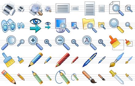 graphic icon set - printer v2, print preview, landscape, portrait, preview, binoculars, lookup, find on computer, find in folder, yellow magnifier, blue magnifier, zoom in, zoom out, auto zoom, clear, wide brush, edit, red pencil, pen, brush, pencil v2, green pencil, writing pencil, brush v2, dropper icon
