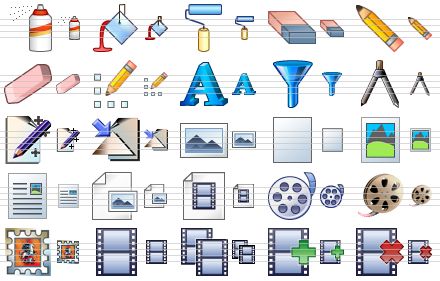 graphic icon set - spray, flood fill, paint roller, eraser, eraser v2, eraser v3, pixel editor, text, filter, compasses, object manager, manage views, image, empty document, image document, text and image, graphic file, video file, multimedia file, film, picture, frame, frames, add frame, delete frame icon