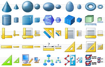 graphic icon set - cone, sphere, ellipsoid, egg, torus, cylinder, cube, polyhedron, blue cube, units, rulers, rulers v2, rulers v3, ruler vert, ruler hor, ruler, ruler v2, ruler v3, set square, set square v2, green set square, screen settings, flow block, check points, check boxes icon