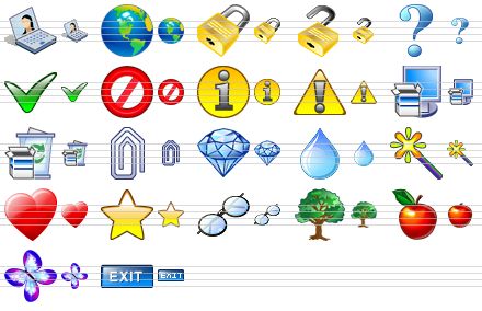 graphic icon set - visual communication, earth, lock, open lock, question, yes v3, cancel, info, warning, install, uninstall, attach, diamond, drop, wizard, heart, star, spectacles, tree, apple, butterfly, exit icon