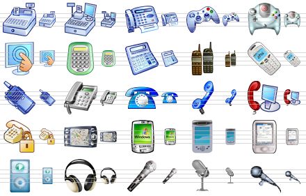 hardware icon library - cash register, cash register v2, fax, gamepad, game-pad v2, access, calculator, calculator v2, cell phones, cellphone, portable radio transmitter, phone, telephone, telephone receiver, phone support, voice identification, gps-navigator, pda, pda v2, palm, mp3-player, head-phones, microphone, microphone v2, microphone v3 icon