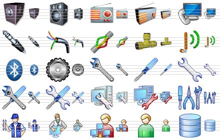 hardware icon library - subwoofer, speaker, radio, radio v2, monitor and phone, audio cable header, wire, cable, network connection, wireless, bluetooth, gear, monkey wrench, screwdriver, wrench, options, settings, repair, repair computer, tools, repairman, computer doctor, admin, user, database icon