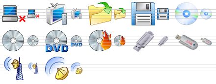 hardware icon library - disconnect database, tv, open file, save file, cd-disk, cd, dvd, burn cd, usb-drive, usb-drive v2, radio transmitter, radio transmitter v2 icon