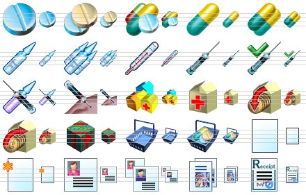 health care icons - tablet, tablets, drugs, pill, pills, ampoul, ampouls, thermometer, syringe, vaccinations, vaccine, vaccination, medical store, box, sell, purchase, donation, basket, drug basket, empty document, new document, account, accounts, browser, receipt icon