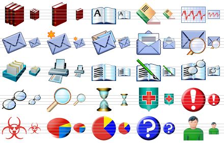 health care icons - library, book, address book, case history, cardiogram, letter, new letter, correspondence, read letter, search letter, card file, print, diary, write diary, view diary, view, search, waiting room, protection, danger, bio hazard, pie chart 3d, pie chart, help, patient icon