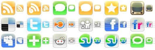 iphone style social icons - rss, blog, forum, orange forum, favourites, youtube, delicious, twitter, blinklist, digg, facebook, flickr, myspace, netvibes, reddit, stumbleupon, stumbleupon button, technorati icon
