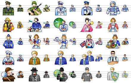 job icon set - army officer, soldier, captain, police-officer, astronaut, fireman, pilot, air traffic controller, geisha, housewife, stewardess, barber, waitress, interpreter, market woman, chinese cook, engineer, book-keeper, managers, security guard, detective, spy, thief, prisoner, key keeper icon