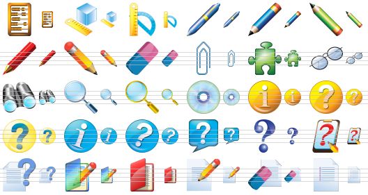 large education icons - abacus, measure, rulers, pen, pencil, green pencil, edit, pencil-eraser, eraser, attach, component, spectacles, binocular, search, yellow magnifier, cd, info, about, query, information, help, hint, question, questionnaire, how to, notes, case history, edit document, clear document, list icon