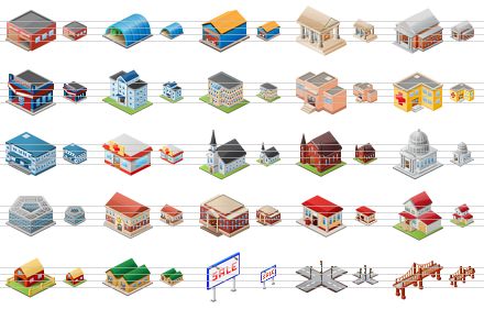 large home icons - warehouse, hangar, garage, museum, theater, cinema, university, college, school, hospital, municipal hospital, drugstore, church, temple, goverment, pentagon, police, law court, post office, property, farm, barracks, billboard, crossroad, bridge icon