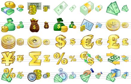 large money icons - money, cash, banknote, bundle, savings, money bag, money sack, wealth, finances, coin, coins, fengshui coin, dollar, euro, pound sterling, yen, sum, percent, conversion of currency, exchange, capital gains, income, credit, pay, purchase icon