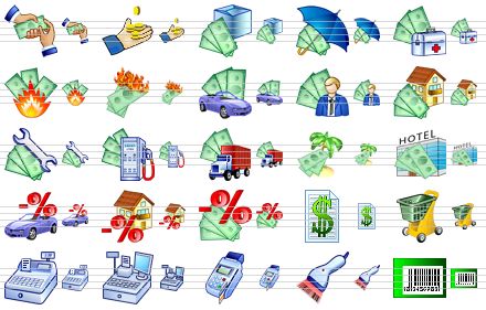 large money icons - payment, earnings, trade, insurance, medical insurance, fire damage, burn money, automobile loan, personal loan, mortgage loan, repair costs, fuel expenses, transportation costs, tourist industry, tourist business, automobile loan interest payment, mortgage loan interest payment, tax, price list, hand cart, cash register, cashier, card terminal, barcode scanner, barcode icon