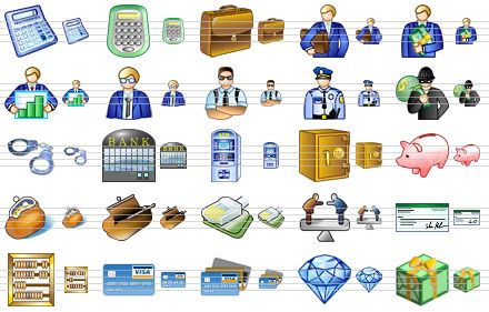 large money icons - calculator, calc, brief case, accountant, financier, marketer, bookkeeper, security guard, police officer, thief, handcuffs, bank, atm, safe, piggy bank, purse, bankruptcy, internet payment, trading, cheque, bookkeeping, visa card, credit cards, diamond, gift icon