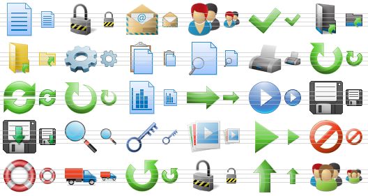 large toolbar icons - list, lock, mail, meeting, ok, open black folder, open yellow folder, options, paste, preview, print, redo, refresh, update, report, right, run blue, save, save as, search, secured, slideshow, start, stop, support, trailer, undo, unlock, up, user group icon