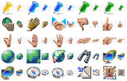 large icons for vista - yellow pin sh, blue pin, blue pin sh, green pin, green pin sh, pointer, hand, handshake, bad mark, good mark, ok, palm, fingers, petition, index, real earth, square earth, internet application, binoculars, internet, internet sh, compass, compass sh, manage views, postage stamp icon