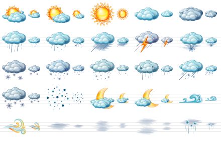 large weather icons - cloudy day, partly cloudy day, clear, clouds, heavy clouds, rain, heavy rain, rain with wind, thunder, snow, heavy snow, sleet, heavy sleet, hail, hail with wind, blizzard, mist, cloudy night, partly cloudy night, cold wind, warm wind, fog, heavy fog, strong fog, hail with fog icon