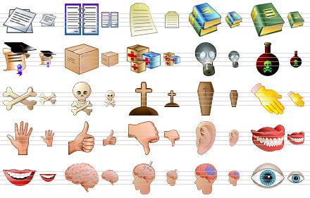 medical icon set - reports, blanks, label, books, book, knowledge, box, medical store, respirator, poison, bones, death, grave, coffin, gloved hand, palm, good mark, bad mark, ear, false tooth, teeth, brain, brain probe, tomography, eye icon