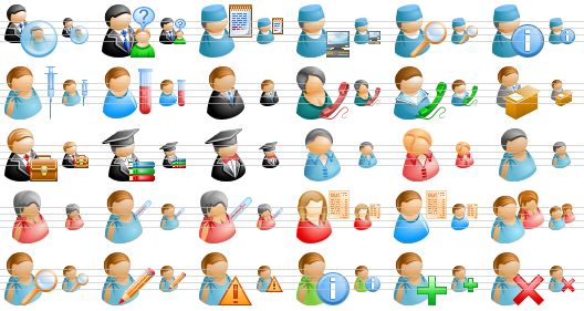 medical toolbar icons - psychoanalyst, psychologist, appointment, computer doctor, search doctor, doctor info, vaccination, blood-donor, insurance agent, secretary, phone support, receptionist, businessman, student, professor, male, female, patient-man, patient-woman, inpatient male, inpatient female, out patient female, out patient male, patients, search patient, edit patient, patient warning, patient info, add patient, remove patient icon