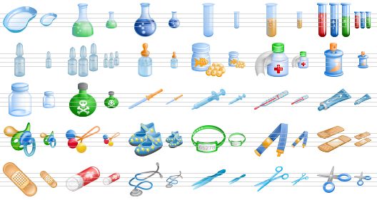 medical toolbar icons - waste tray, chemistry, retort, test tube, syrup, test tubes, ampoule, ampoules, baby bottle, cod-liver oil, drug, spray, phial, poison, pipette, syringe, thermometer, ointment, baby pacifier, baby toy, baby shoes, patient id, aids, band-aid, plaster, cotton roll, stethoscope, tweezers, scissor, cut icon