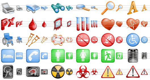 medical toolbar icons - print, phone, find, zoom, search, text, prescription symbol, blood donate, blood bag, blood test, heart, cardiology, wheelchair, crutches, ring buoy, no smoking, allergy, handicap, bed, phone number, male wc, female wc, emergency exit, x-ray, radiology, tomography, radiation, biohazard, danger, problem icon