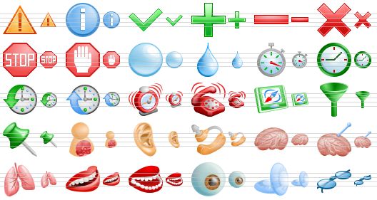 medical toolbar icons - warning, info, mark, add, delete, remove, stop, abort, crystal sphere, water drop, timer, time, history, schedule, alarm, call, navigator, funnel, green pin, anatomy, ear, ear machine, brain, brain probe, lungs, mouth, artificial teeth, eye, contact lens, spectacles icon